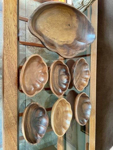 Vintage Carved Acacia Wood Shell Bowl Set 7 Pc Serving Salad Snack Nesting