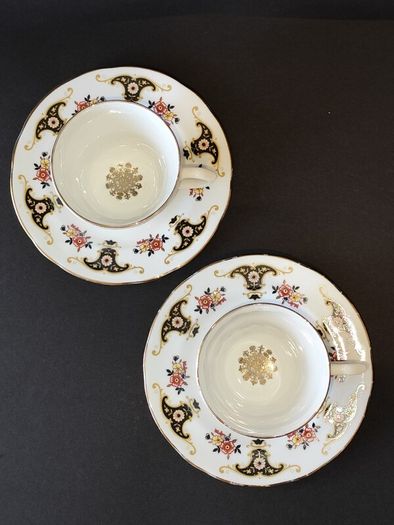 A Pair of Royal Sutherland Bone China Teacups and Saucers in the Balmoral Pattern