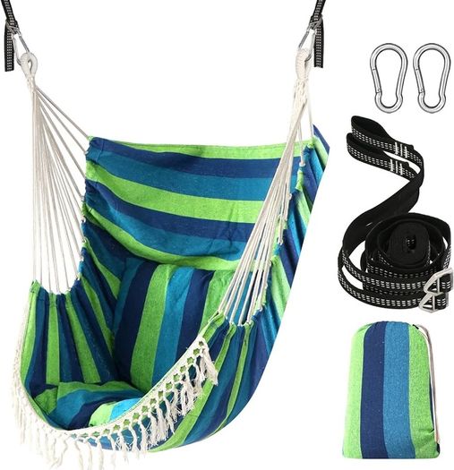 NEW SALE | Hammock Chair Hanging Swing 2 Seat Cushions Included,Strong Webbing Straps and Hooks for Easy Hanging Soft Cotton Weave Hanging Chair Side Pocket Large Tassel Chair Set Comfort Indoor Outdoor