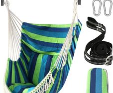 NEW SALE | Hammock Chair Hanging Swing 2 Seat Cushions Included,Strong Webbing Straps and Hooks for Easy Hanging Soft Cotton Weave Hanging Chair Side Pocket Large Tassel Chair Set Comfort Indoor Outdoor