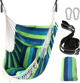 NEW SALE | Hammock Chair Hanging Swing 2 Seat Cushions Included,Strong Webbing Straps and Hooks for Easy Hanging Soft Cotton Weave Hanging Chair Side Pocket Large Tassel Chair Set Comfort Indoor Outdoor