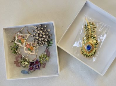 Box of Necklace Earrings Brooch and Diamonte Clip