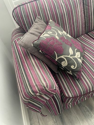 Quality Grey stripped Sofa with matching arm covers and cushions