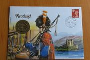 SCOTLAND 1989 1 Pound Coin &amp; 24p Scottish Stamp Scots Bagpiper 1990 Cover FDC