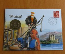 SCOTLAND 1989 1 Pound Coin & 24p Scottish Stamp Scots Bagpiper 1990 Cover FDC