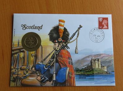 SCOTLAND 1989 1 Pound Coin & 24p Scottish Stamp Scots Bagpiper 1990 Cover FDC
