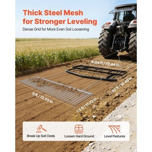 Drag Harrow, 6 ft Tow-Behind Driveway Grader with Chain Harrow, Adjustable Width & 80lbs Load Capacity, Heavy Duty Lawn Leveling Rake, Fits ATVs UTVs Tractors, for Gravel Driveway Field