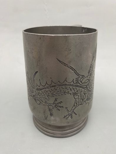 19th Century Chinese Pewter Engraved Dragon Mug - Marked