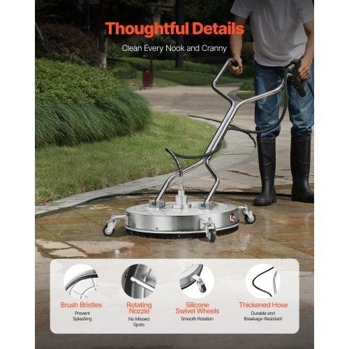 24" Pressure Washer Surface Cleaner, Stainless Steel Pressure Washer Attachments with 4 Wheels, 4000 Max PSI, 3/8 Quick Connector, 2 Spray Nozzles
