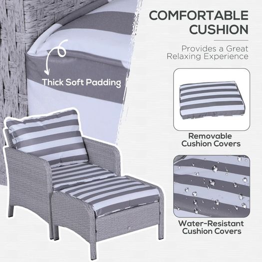 5 Pcs PE Rattan Garden Furniture Set, 2 Armchairs 2 Stools Glass Top Table Cushions Wicker Weave Chairs Outdoor Seating