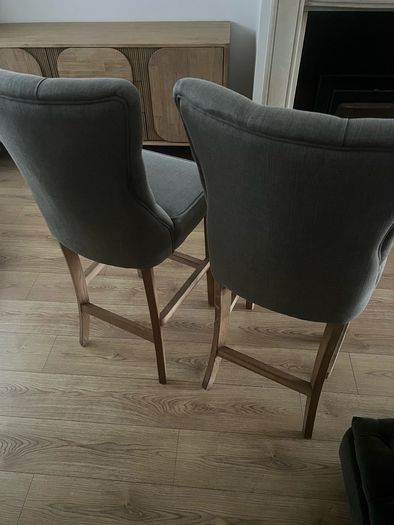 Pair of Grey Fabric Bar Stools / Counter Chairs