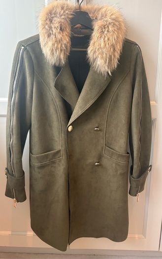 olive green faux-suede double-breasted coat featuring a prominent plush F U R colla