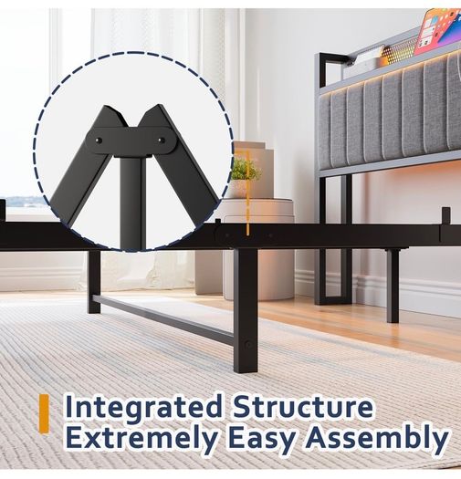 Single Bed Frame with Upholstered Headboard, No Box Spring Needed Wooden Storage Headboard Shelf, 3ft Upholstered Bed Frame with Charging Station/USB Ports and LED Lights (Gray Single Bed)