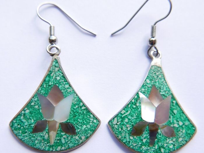 Vintage Alpaca Mexico Turquoise & Abalone Inlaid Silver Earrings