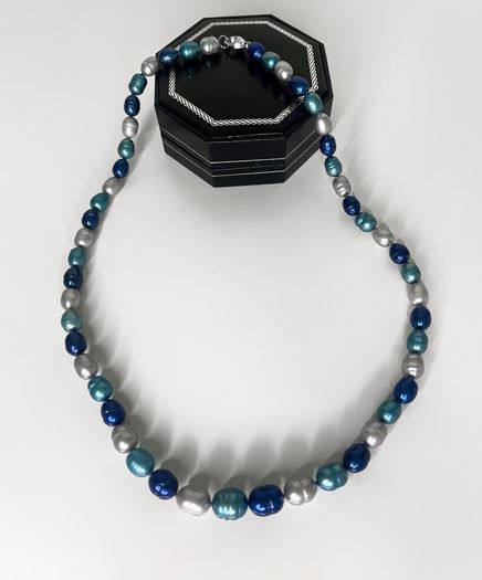 HONORA Blue and White Graduated Freshwater Pearl Necklace with Solid Sterling Silver Clasp