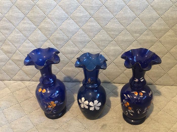 Czech Crystalex Cobalt Blue Vase Hand Painted White Flowers Vintage