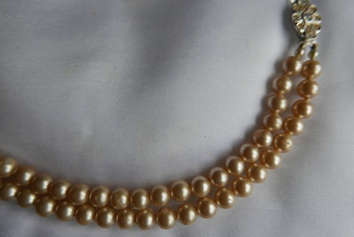 Vintage ART DECO champagne glass pearl hand knotted 2 rows necklace