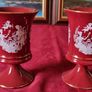 3 Piece Vintage Elegant Italian Fiorentine Lustre Ruby Red Gold Gilt Footed Lidded Compote And Vases Set Image 6