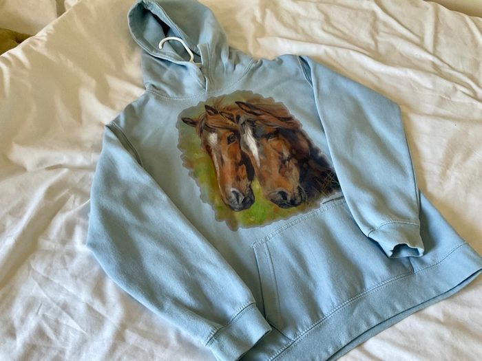 Lovely baby blue hoodie with horse motif Age 9 10