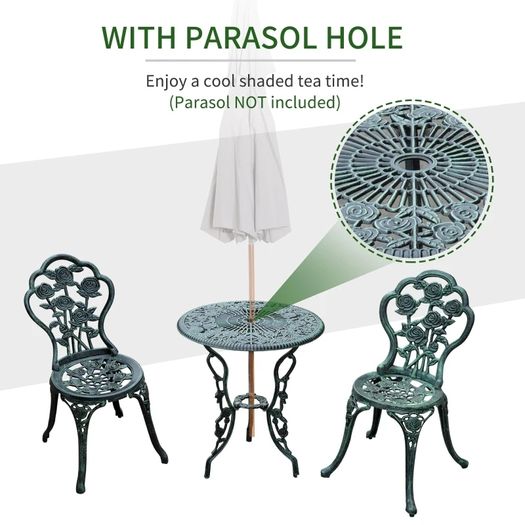 3-Piece Outdoor Garden Bistro Set, Cast Aluminium Antique Floral Print Coffee Table and Two Single Seat with Umbrella Hole, Green