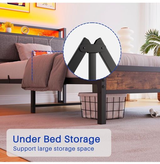 3ft Single Bed Frame with Storage Headboard,LED Lights,Metal Upholstered Platform Bed Frame with Charging Station,Mattress Foundation/Strong Slats Support/Under-bed Storage/Easy Assembly/Brown