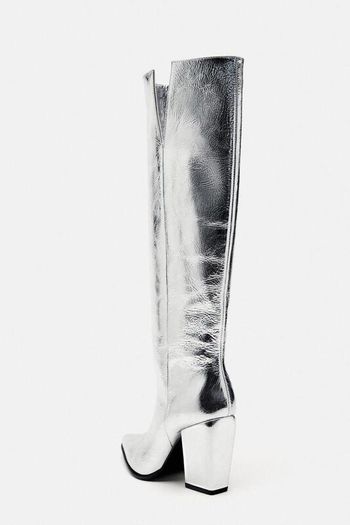 Zara Leather Block Heel Knee-high Boots Silver