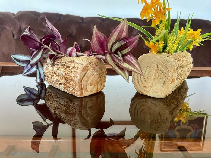 Vintage Set MCM Plant Pots x 2 Bark Pattern Stoneware Succulent Bonsai Planter 1950s
