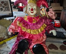 Beautiful Large Vintage Collectible Clown Jester Doll Hand Painted Porcelain Face, Hands, and Feet,