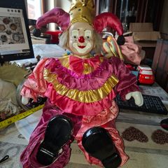Beautiful Large Vintage Collectible Clown Jester Doll Hand Painted Porcelain Face, Hands, and Feet,