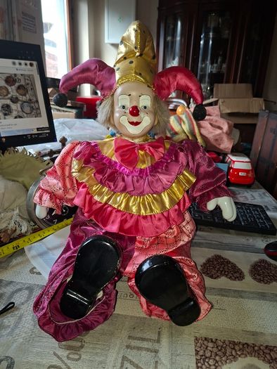 Beautiful Large Vintage Collectible Clown Jester Doll Hand Painted Porcelain Face, Hands, and Feet,