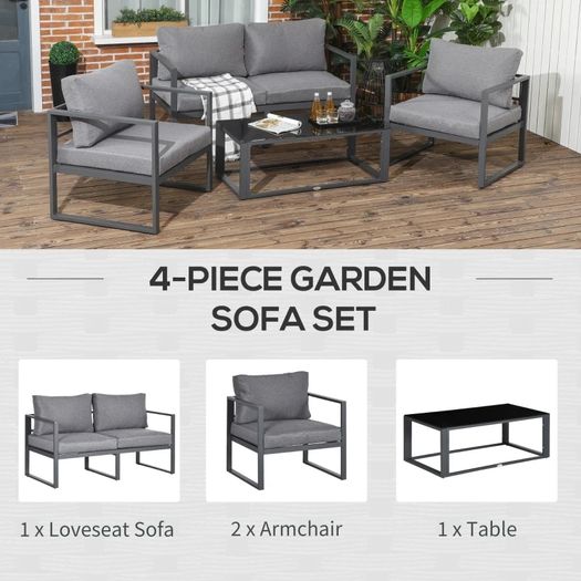 4 Pieces Garden Sofa Set, Including 2 Single Armchairs, 1 Bench & Side Table, Aluminium Frame Patio Furniture with Cushions, Grey