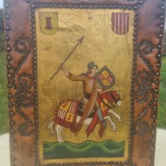 Vintage painting on the skin of a medieval knight