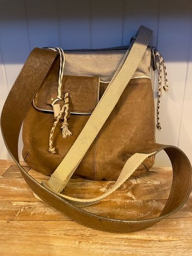 Radley brown leather and beige canvas crossbody bag