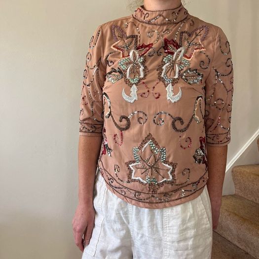 Folkster blush pink / cream sequin embellished and beaded high neck top