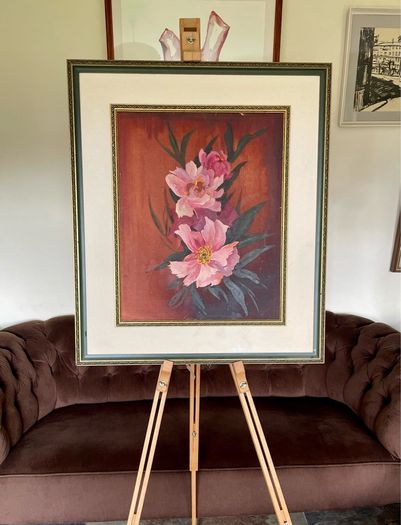 Vintage Peonies Floral Original Acrylic Painting In Ornate Frame