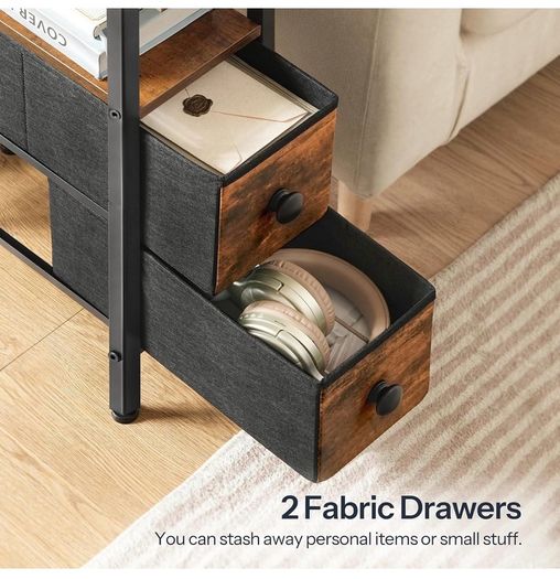 Slim Bedside Table with Charging Station, Narrow Side Table with LED Lights and 2 Fabric Drawers, Nightstand for Small Space, Bedroom, Living Room, Rustic Brown and Black