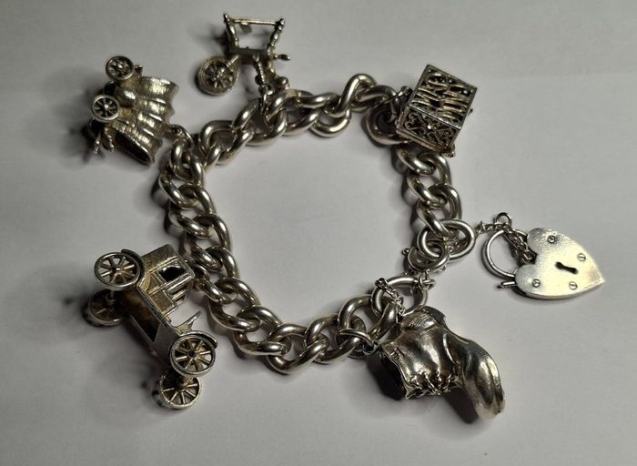 Vintage Sterling Silver Charm Bracelet, Movable Charms