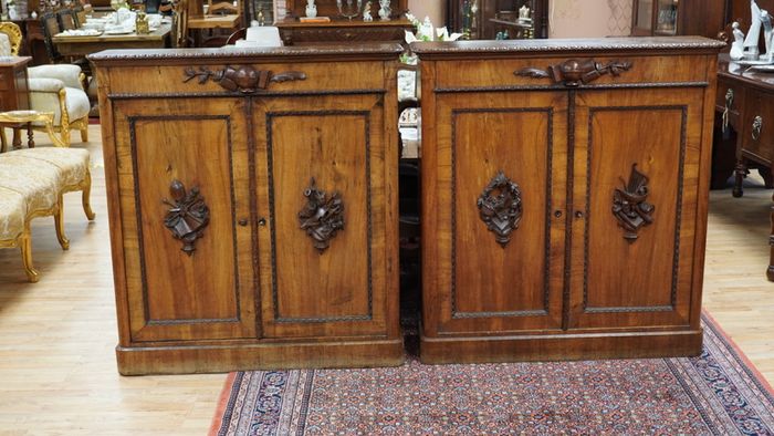 Pair of Antique Carved Walnut Cabinets