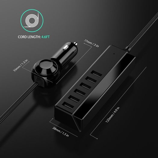 6-Port Multiple Fast Car Charger, 65W/13A USB Travel Car Charger Adapter with Smart Identification for iPhone, Android and Other USB Powered Devices