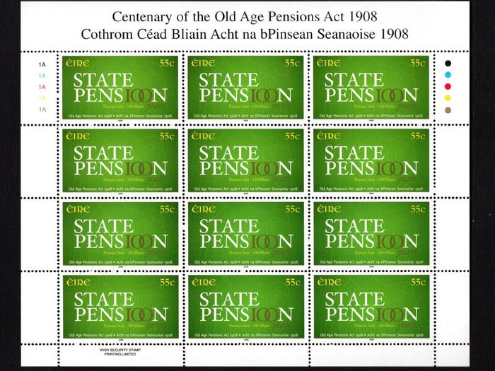 2008 Ireland Centenary of the Old Age Pensions Act Commemorative Stamp Sheetlet Plate 1A1A1A1A1A Mint Never Hinged (MNH)