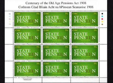 2008 Ireland Centenary of the Old Age Pensions Act Commemorative Stamp Sheetlet Plate 1A1A1A1A1A Mint Never Hinged (MNH)