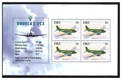 1999 Ireland Civil Aviation noting details of Douglas DC3 Commemorative Stamp Booklet Pane Mint Never Hinged (MNH). Hibernian HP115