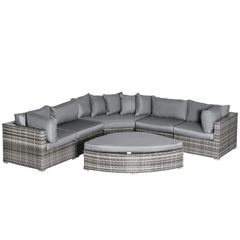6 PCs Outdoor Rattan Wicker Sofa Set Bonzer Half Round Patio Conversation Furniture Set w/ Angled Corner Design, Cushions Grey