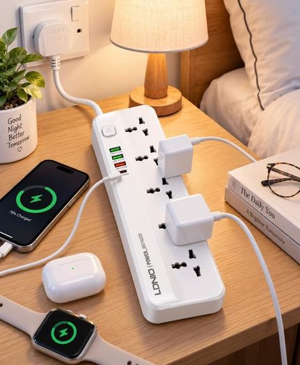 LDNIO SC5415 Surge Fast charging Power Strip with 5 Ac Outlets & 4USB Charging Ports 2m Extension PD power Soket - White