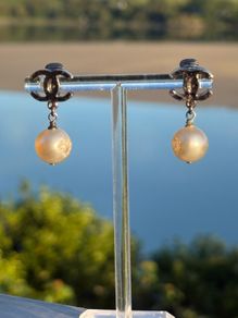 chanel pearl earrings with Crystal Heart Design Silver Hardware