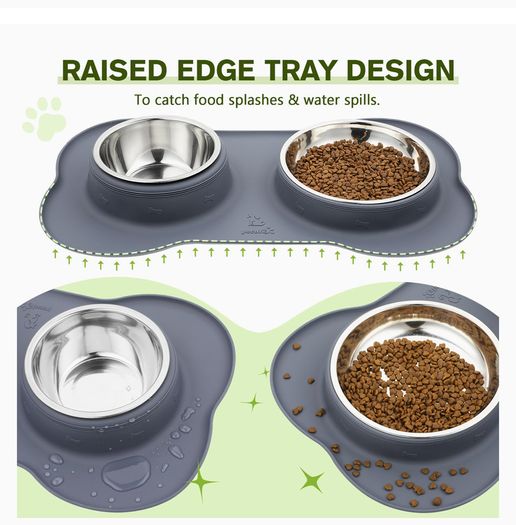 Pecute Dog Bowls Non Slip, Stainless Steel Double Bowls Set with Non-Spill Silicone Mats Tray.