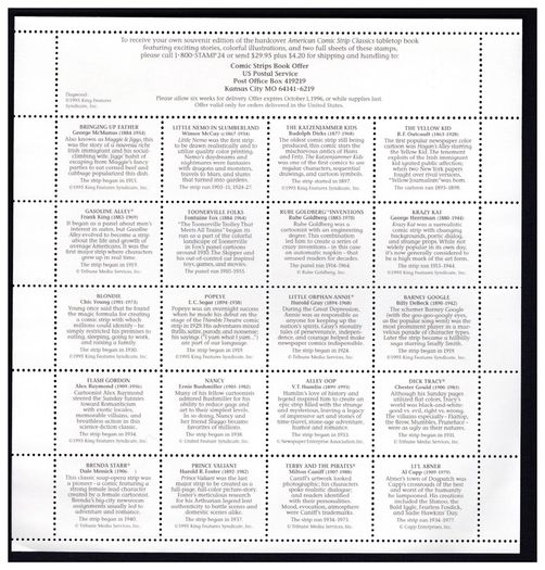 1995 USA Comic Strip Classics Stamp Sheetlet Mint Never Hinged (MNH). Includes stamps commemorating Popeye, Dick Tracey & Flash Gordon.