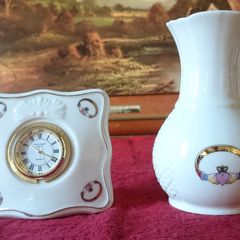 Donegal Parian China Claddagh Ring Clock And Vase Set Made In Ireland