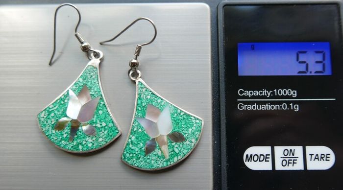 Vintage Alpaca Mexico Turquoise & Abalone Inlaid Silver Earrings
