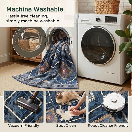 Machine Washable Large Rugs Living Room, 180x270 cm Non-Slip Area Rugs, Short Pile Blue Rug for Bedroom, Hallway, Bedroom, and Kitchen, Office, Blue